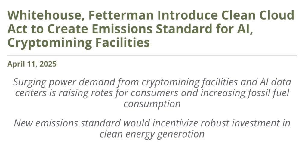 Le Parti démocrate a proposé le « Clean Cloud Act » pour exiger que les États-Unis Les sociétés minières de Bitcoin et les centres de calcul d'IA adoptent l'énergie verte: atteindre zéro émission de carbone d'ici 2035